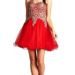 Strapless Embroidered A-line Homecoming Quince Dress Red And Gold Sz 10